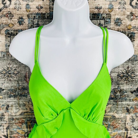 Farm Rio Ruffle Midi Dress Size M Satin Strappy Back Lime Green Plunge New Tags - Picture 2 of 16